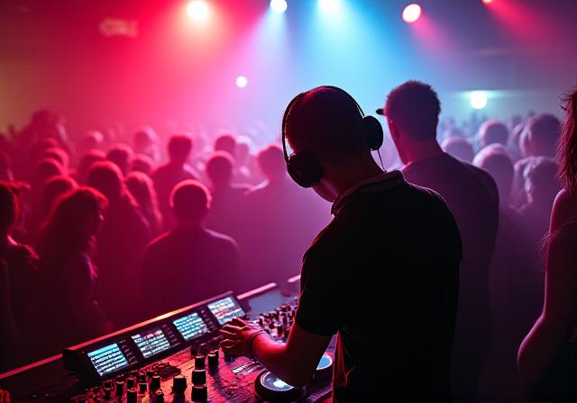 DJ performing bass music at packed Austin club venue