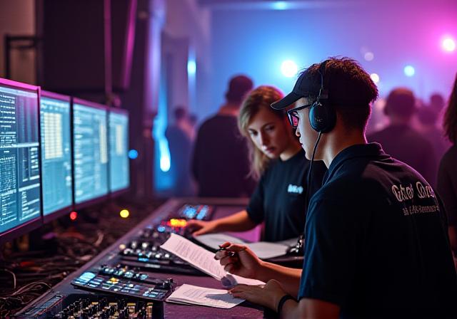 Professional event production team coordinating backstage at electronic music festival